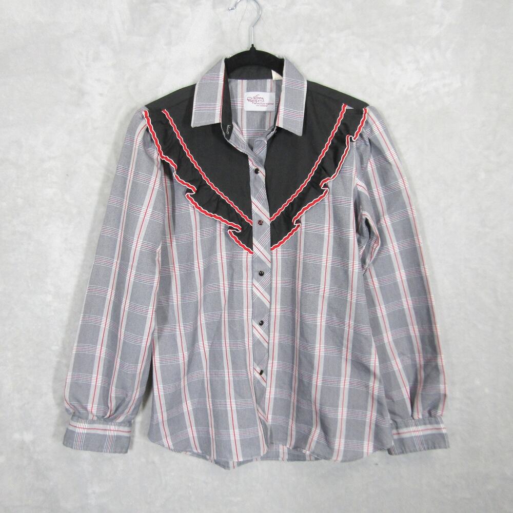 Vintage Kenny Rogers Shirt Womens 10 Gray Black Plaid Western Ruffle 80s USA
